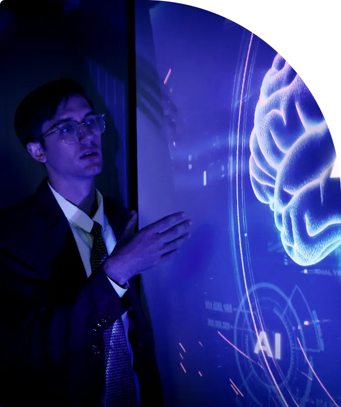 Team discussing artificial intelligence brain